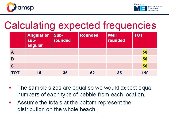 Calculating expected frequencies Angular or subangular Subrounded Rounded Well rounded TOT A 50 B