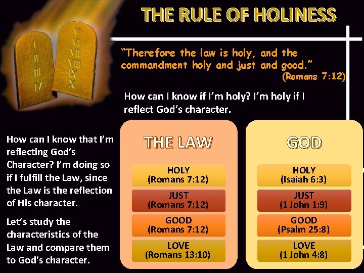 THE RULE OF HOLINESS “Therefore the law is holy, and the commandment holy and