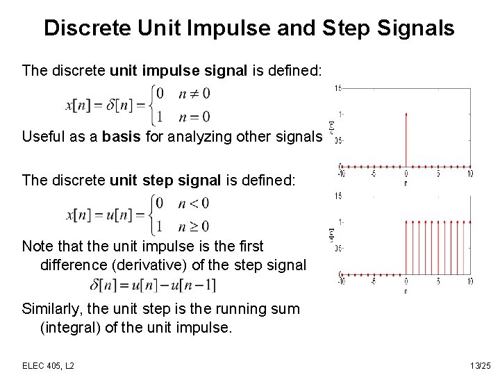 Discrete Unit Impulse and Step Signals The discrete unit impulse signal is defined: Useful