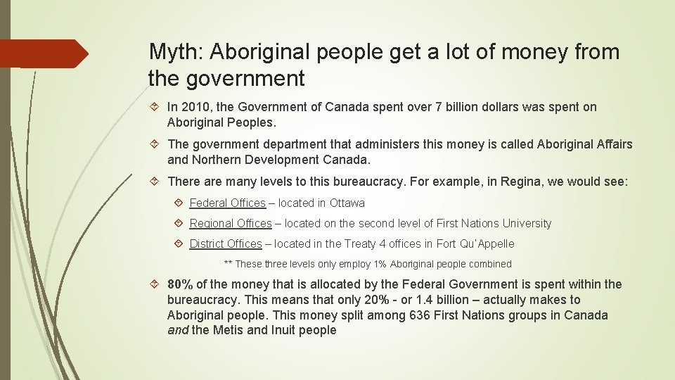 Myth: Aboriginal people get a lot of money from the government In 2010, the