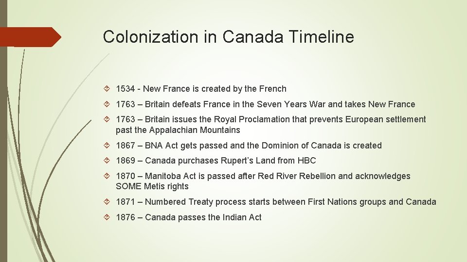 Colonization in Canada Timeline 1534 - New France is created by the French 1763