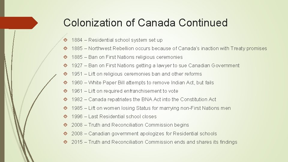 Colonization of Canada Continued 1884 – Residential school system set up 1885 – Northwest