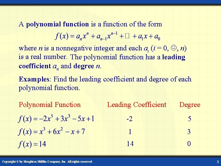 A polynomial function is a function of the form where n is a nonnegative