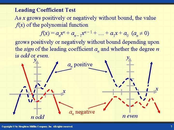 Leading Coefficient Test As x grows positively or negatively without bound, the value f