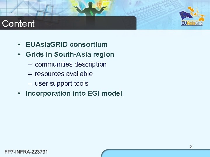 Content • EUAsia. GRID consortium • Grids in South-Asia region – communities description –