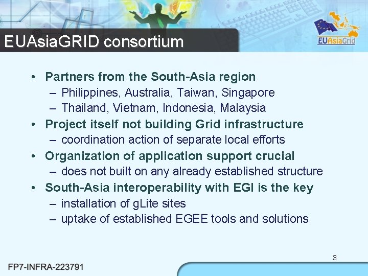 EUAsia. GRID consortium • Partners from the South-Asia region – Philippines, Australia, Taiwan, Singapore