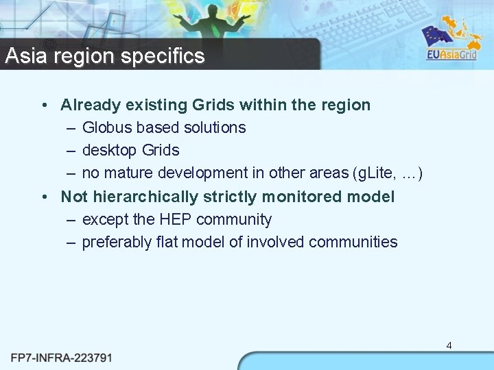 Asia region specifics • Already existing Grids within the region – Globus based solutions