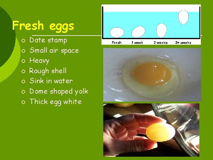 Fresh eggs ¡ ¡ ¡ ¡ Date stamp Small air space Heavy Rough shell