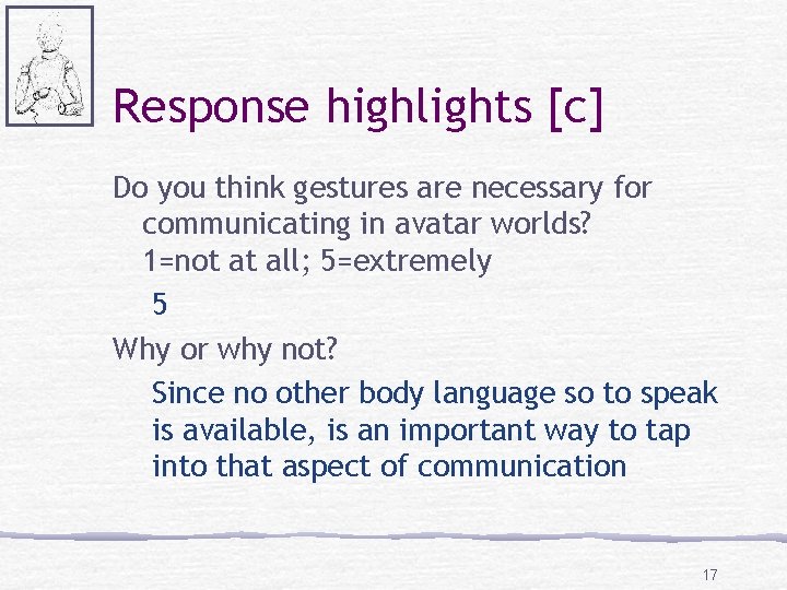 Response highlights [c] Do you think gestures are necessary for communicating in avatar worlds?