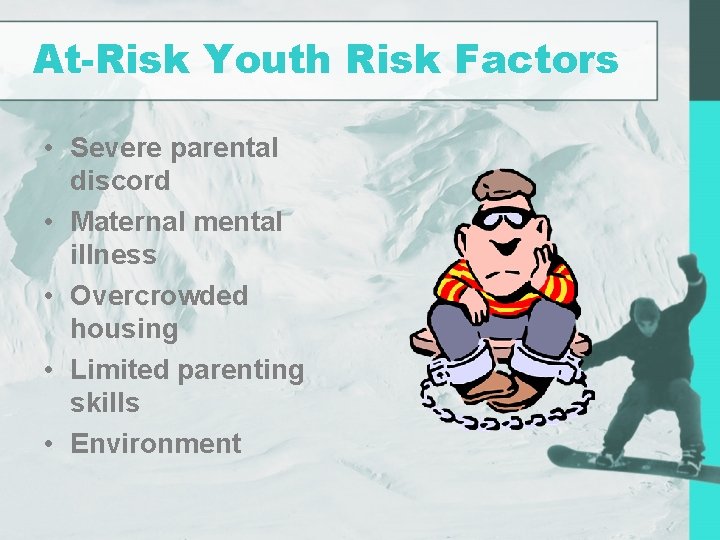 At-Risk Youth Risk Factors • Severe parental discord • Maternal mental illness • Overcrowded