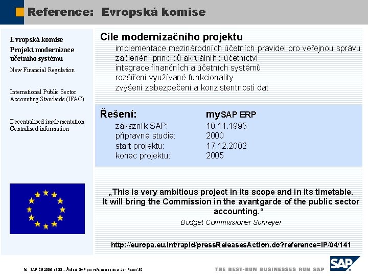 Reference: Evropská komise Projekt modernizace účetního systému New Financial Regulation International Public Sector Accounting