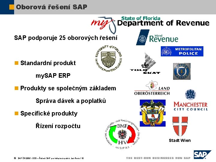 Oborová řešení SAP podporuje 25 oborových řešení n Standardní produkt my. SAP ERP n