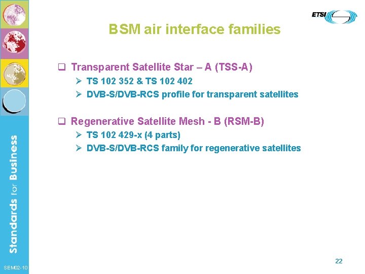 BSM air interface families q Transparent Satellite Star – A (TSS-A) Ø TS 102
