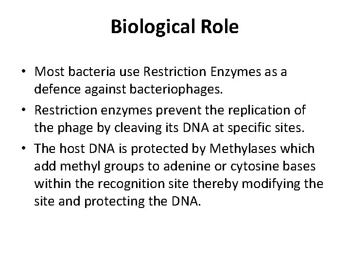 Biological Role • Most bacteria use Restriction Enzymes as a defence against bacteriophages. •