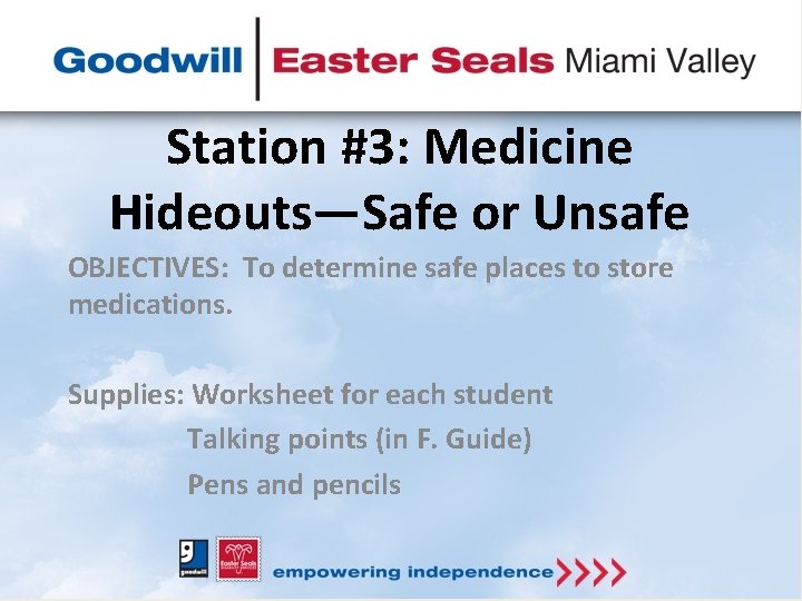 Station #3: Medicine Hideouts—Safe or Unsafe OBJECTIVES: To determine safe places to store medications.