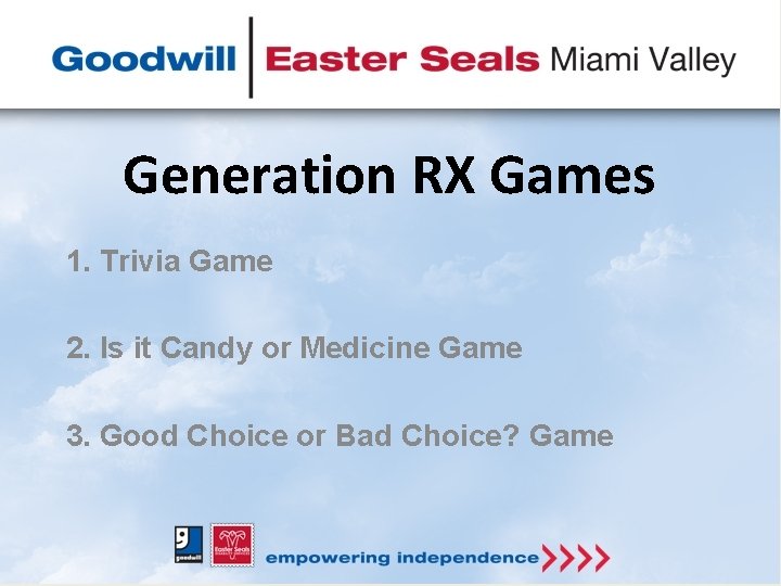 Generation RX Games 1. Trivia Game 2. Is it Candy or Medicine Game 3.