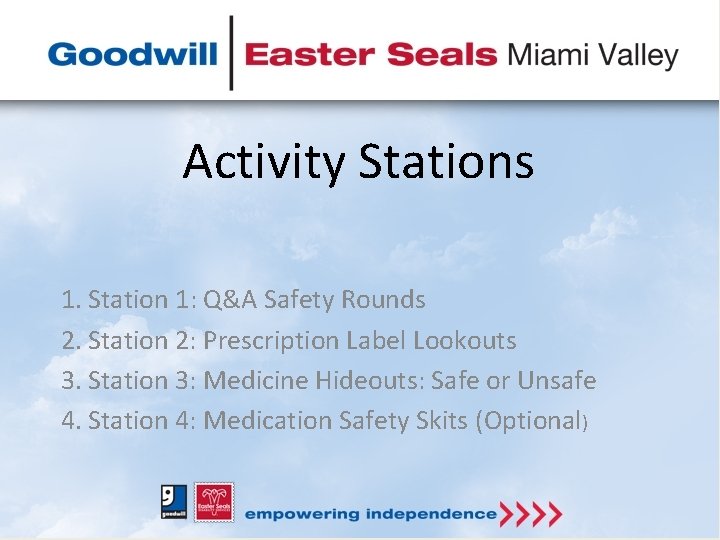 Activity Stations 1. Station 1: Q&A Safety Rounds 2. Station 2: Prescription Label Lookouts