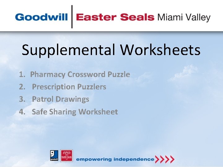 Supplemental Worksheets 1. 2. 3. 4. Pharmacy Crossword Puzzle Prescription Puzzlers Patrol Drawings Safe