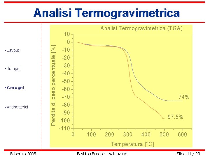 Analisi Termogravimetrica • Layout • Idrogeli • Aerogel • Antibatterici Febbraio 2005 Fashion Europe