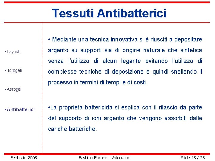 Tessuti Antibatterici • Mediante una tecnica innovativa si è riusciti a depositare • Layout