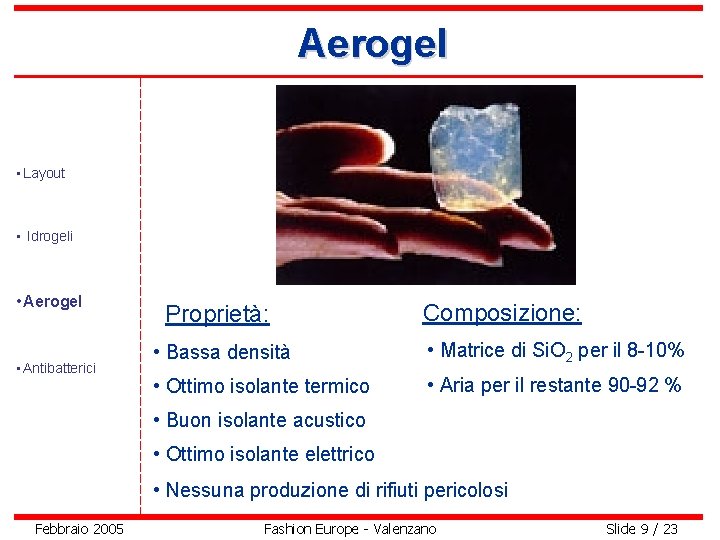 Aerogel • Layout • Idrogeli • Aerogel • Antibatterici Proprietà: Composizione: • Bassa densità