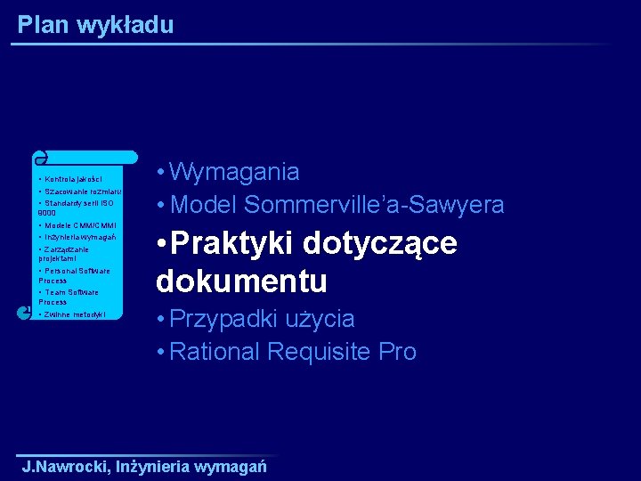 Plan wykładu • Kontrola jakości • Szacowanie rozmiaru i • Standardy serii ISO 9000