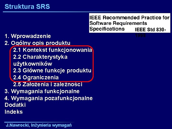 Struktura SRS 1. Wprowadzenie 2. Ogólny opis produktu 2. 1 Kontekst funkcjonowania 2. 2