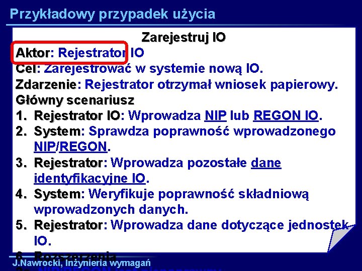 Przykładowy przypadek użycia Zarejestruj IO Aktor: Aktor Rejestrator IO Cel: Cel Zarejestrować w systemie