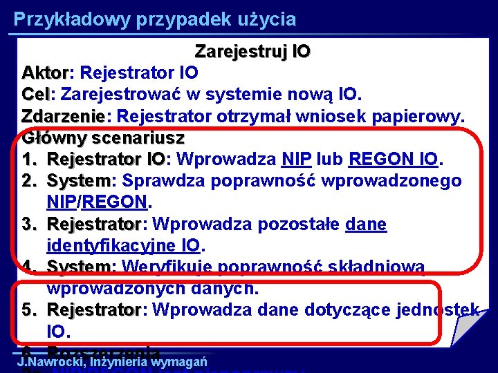 Przykładowy przypadek użycia Zarejestruj IO Aktor: Aktor Rejestrator IO Cel: Cel Zarejestrować w systemie