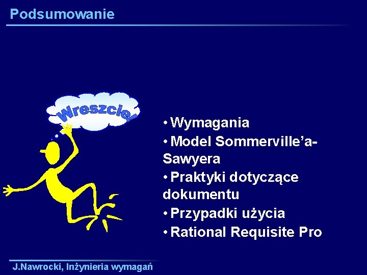 Podsumowanie • Wymagania • Model Sommerville’a. Sawyera • Praktyki dotyczące dokumentu • Przypadki użycia