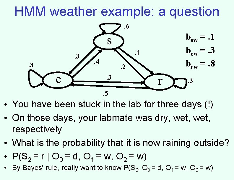 HMM weather example: a question. 6 bsw =. 1 bcw =. 3 brw =.