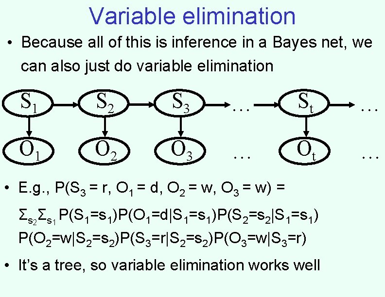 Variable elimination • Because all of this is inference in a Bayes net, we