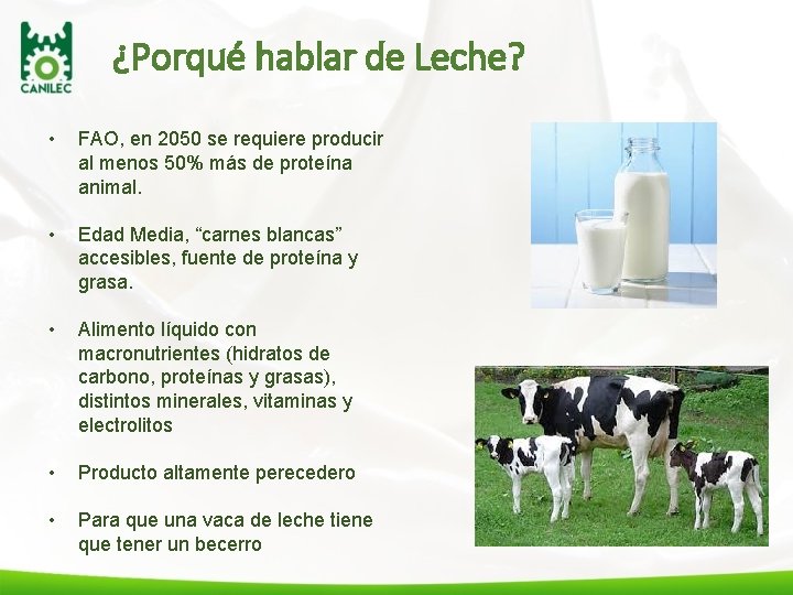 ¿Porqué hablar de Leche? • FAO, en 2050 se requiere producir al menos 50%