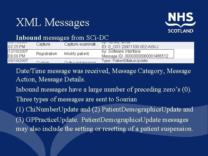 XML Messages Inbound messages from SCi-DC Date/Time message was received, Message Category, Message Action,