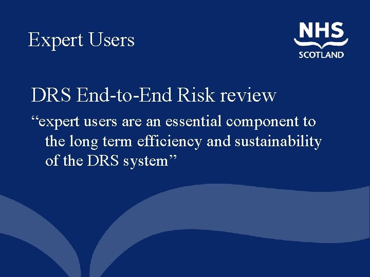 Expert Users DRS End-to-End Risk review “expert users are an essential component to the