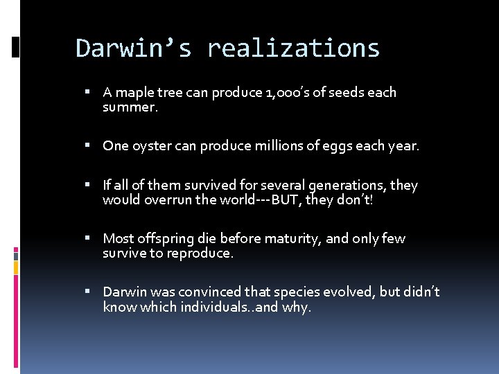 Darwin’s realizations A maple tree can produce 1, 000’s of seeds each summer. One