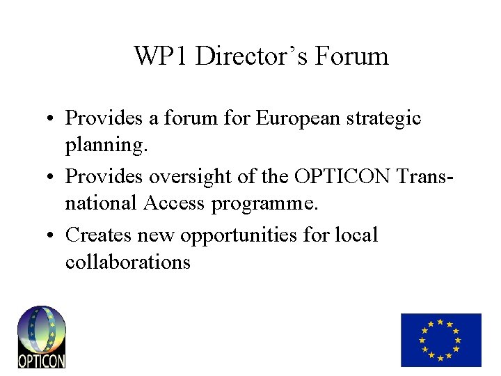 WP 1 Director’s Forum • Provides a forum for European strategic planning. • Provides