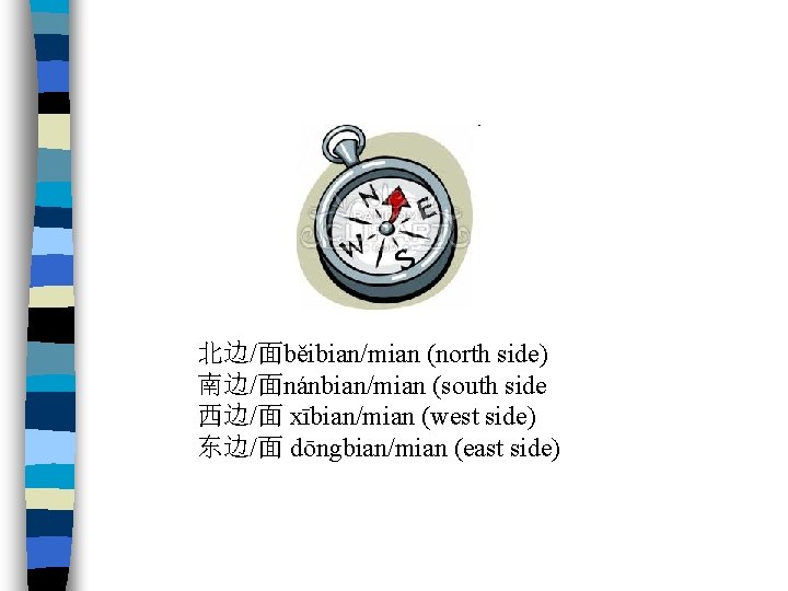 北边/面běibian/mian (north side) 南边/面nánbian/mian (south side 西边/面 xībian/mian (west side) 东边/面 dōngbian/mian (east side)