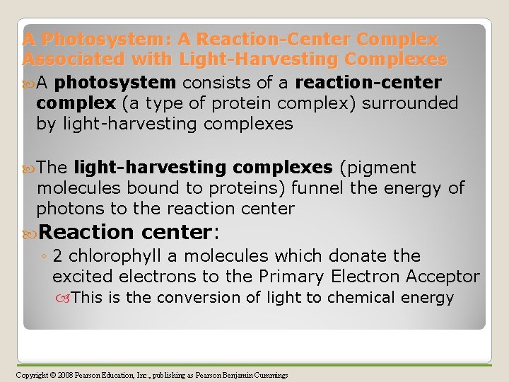 A Photosystem: A Reaction-Center Complex Associated with Light-Harvesting Complexes A photosystem consists of a