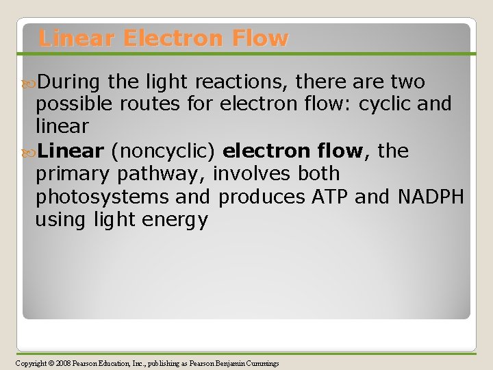 Linear Electron Flow During the light reactions, there are two possible routes for electron