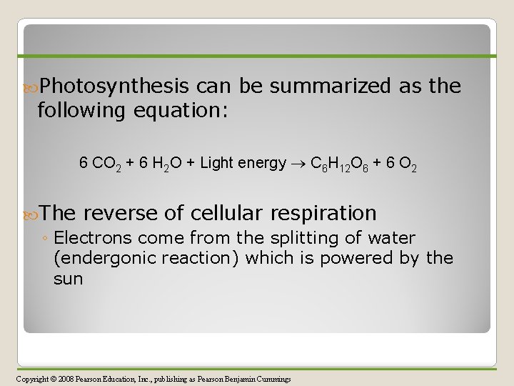  Photosynthesis can be summarized as the following equation: 6 CO 2 + 6