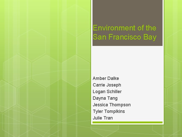 Environment of the San Francisco Bay Amber Dalke Carrie Joseph Logan Schiller Dayna Tang