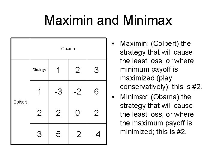 Maximin and Minimax Obama Strategy 1 2 3 1 -3 -2 6 2 2 Maximin and Minimax Obama Strategy 1 2 3 1 -3 -2 6 2 2