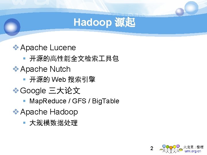 Hadoop 源起 v Apache Lucene § 开源的高性能全文检索 具包 v Apache Nutch § 开源的 Web