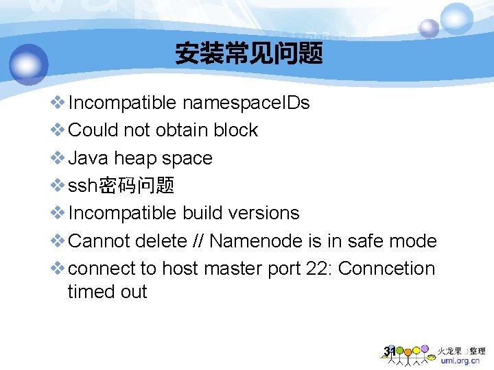 安装常见问题 v Incompatible namespace. IDs v Could not obtain block v Java heap space