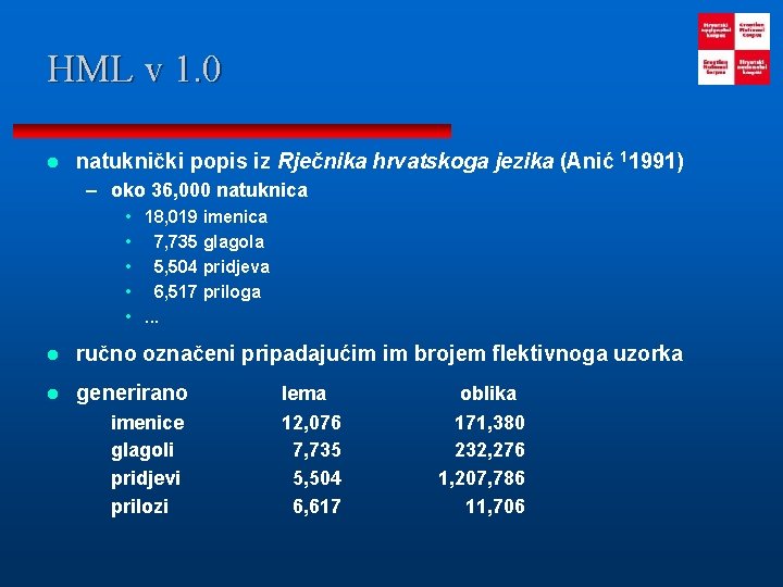 HML v 1. 0 l natuknički popis iz Rječnika hrvatskoga jezika (Anić 11991) –