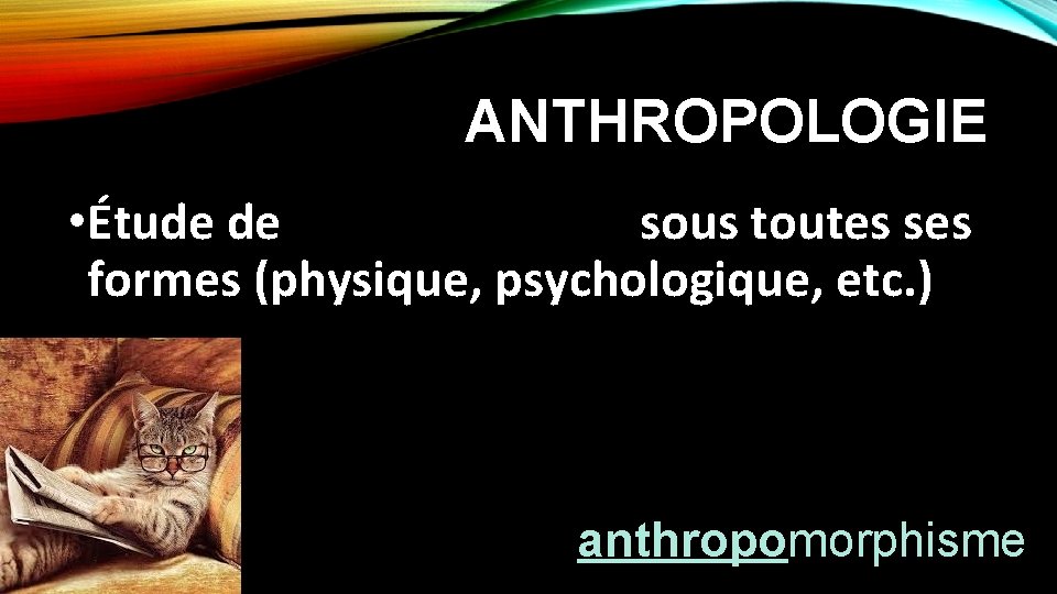 ANTHROPOLOGIE • Étude de sous toutes ses formes (physique, psychologique, etc. ) anthropomorphisme 