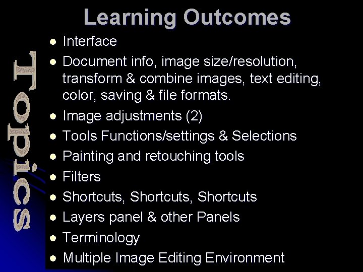 Learning Outcomes l l l l l Interface Document info, image size/resolution, transform &