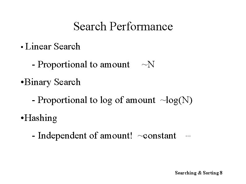 Search Performance • Linear Search - Proportional to amount ~N • Binary Search -