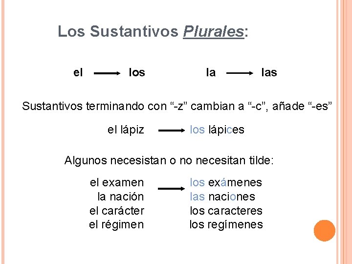 Los Sustantivos Plurales: el los la las Sustantivos terminando con “-z” cambian a “-c”,
